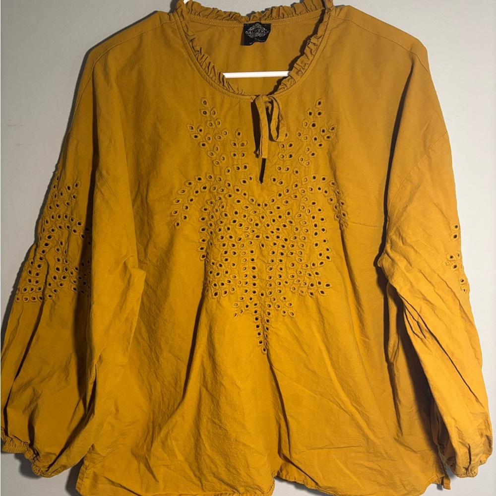 ❤️ CalStyle Mustard Puff Sleeve Blouse with Embellished Details